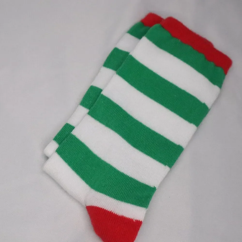 Striped Crew Socks Green White w Red Toe/heel Size 5-10 Holiday Costume